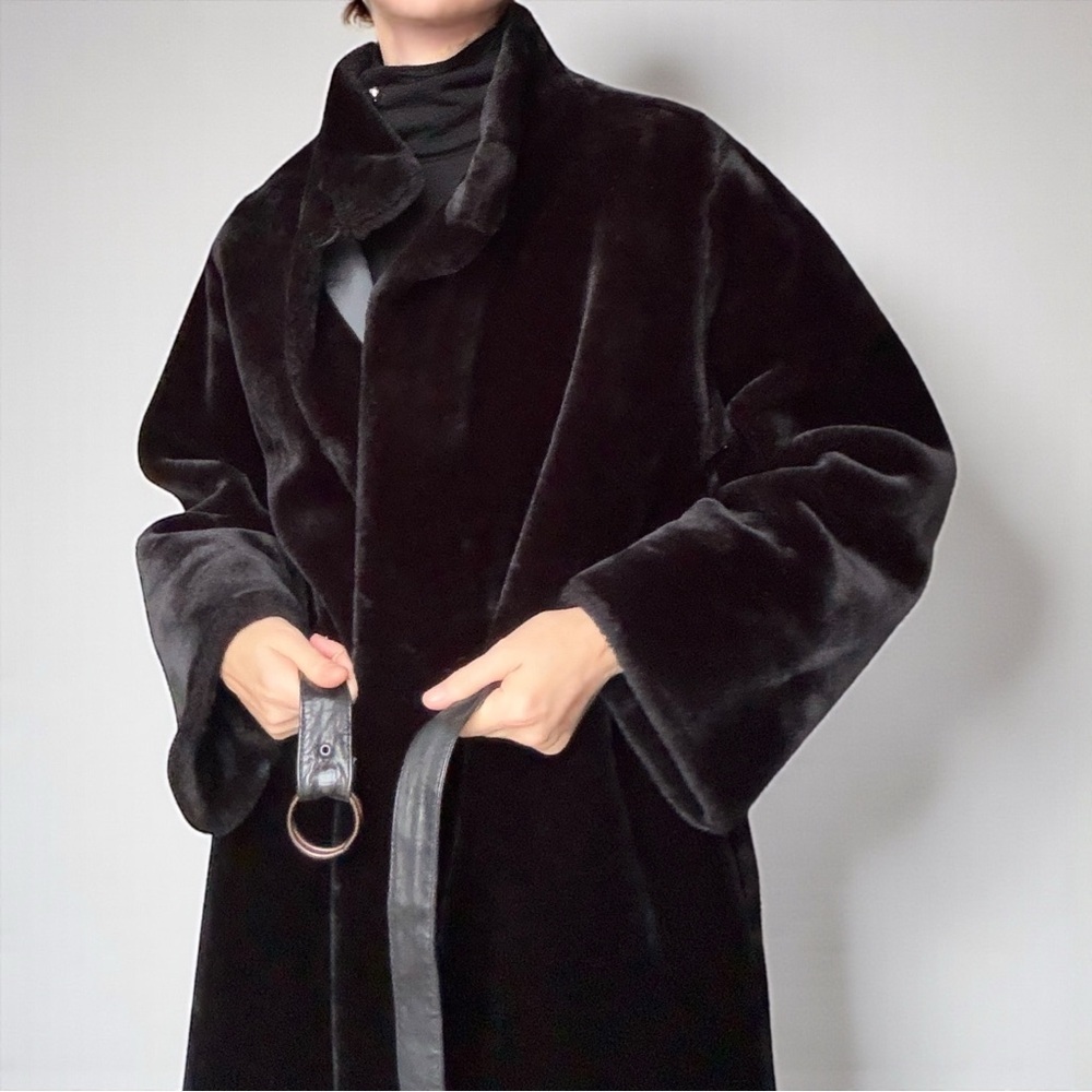 Vintage 60s 70s Faux Fur Black Coat Reversible Belted Size Small - Picture 4 of 16